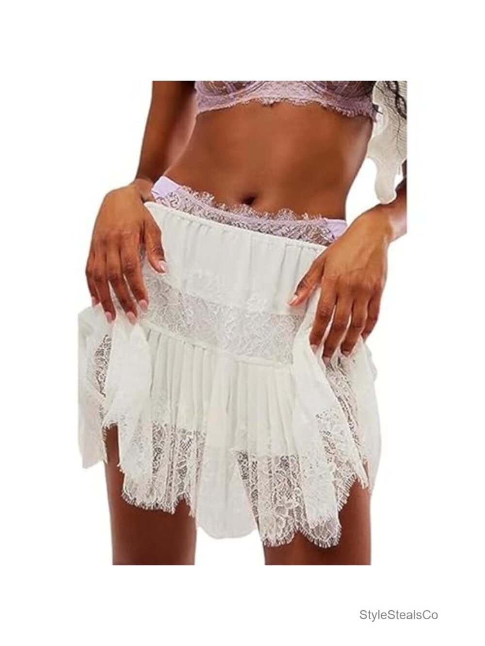 Lace Mini Skirt Low Rise Pleated Ruffle Eyelash Trim Layered Underskirt